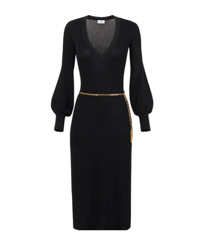 Elisabetta Franchi Balloon-sleeve V-neck Midi Dress In Black