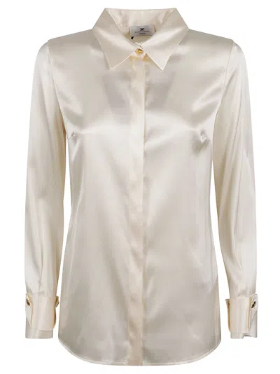 Elisabetta Franchi Long-sleeved Glossy Shirt In Burro