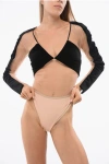 Elisabetta Franchi Long-sleeved Mesh And Velour Bodysuit In Black