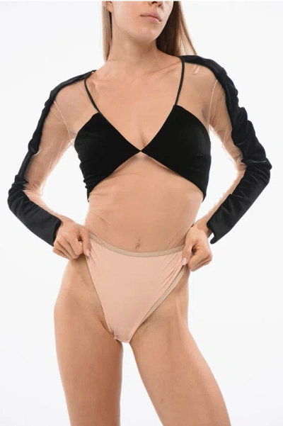 Elisabetta Franchi Long-sleeved Mesh And Velour Bodysuit In Black