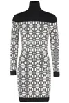 Elisabetta Franchi Jacquard-logo Turtleneck Mini Dress In Ecru/black
