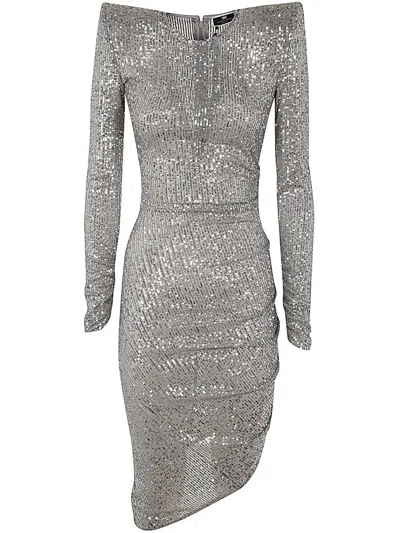 Elisabetta Franchi Long Sleeves Dress With Paillettes In Pearl