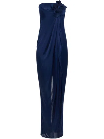Elisabetta Franchi Red Carpet Glossy Jersey Fabric Dress With Flower In Blue