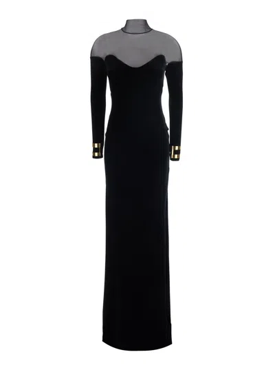 Elisabetta Franchi Long Velvet Dress With V-neck And Long Sleeves In Multi