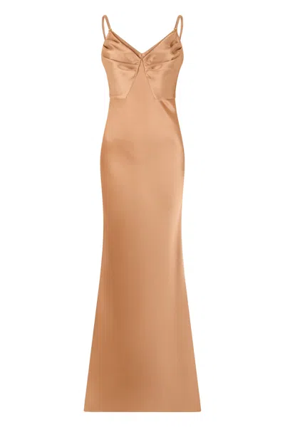 Elisabetta Franchi Long V-neck Elegant Maxi Dress With Thin Straps In Brown