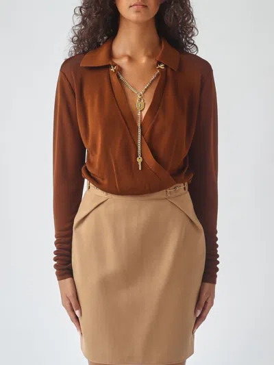 Elisabetta Franchi Long-sleeved Blouse With Metallic Mesh Details In Brown