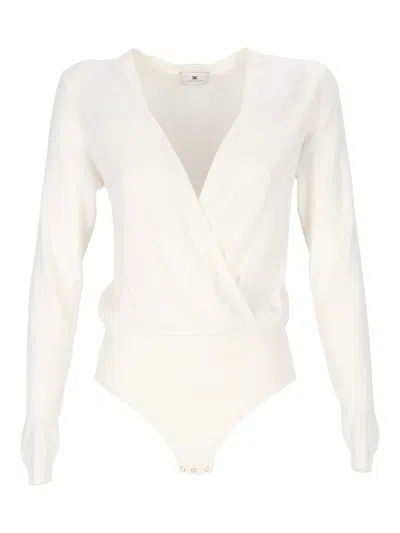 Elisabetta Franchi Long-sleeved Bodysuit With Deep V-neckline And Ribbed Texture In White