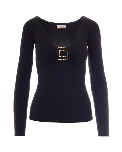Elisabetta Franchi Long-sleeved Fitted Jersey Top With Gold Logo Detail In Black