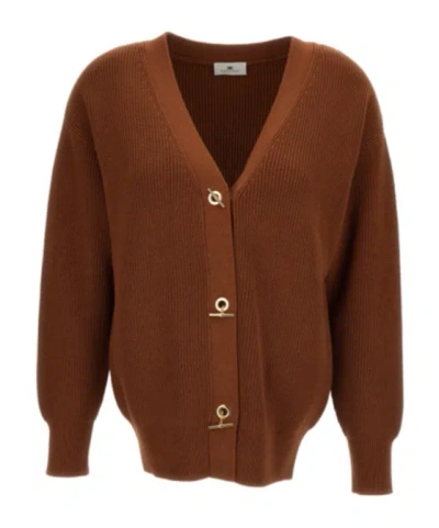 Elisabetta Franchi Long-sleeved Knitted Cardigan In Brown