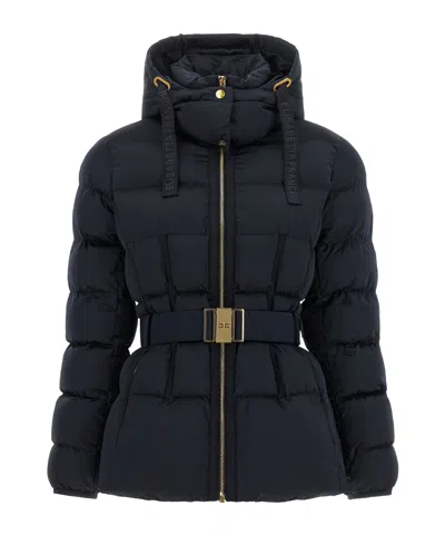 Elisabetta Franchi Belted Down Jacket With Logo Buckle In Blue