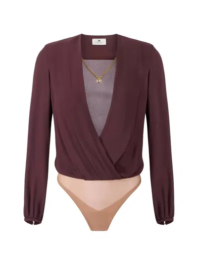Elisabetta Franchi Bodysuit In Viscose Georgette Fabric With Necklace In Brown