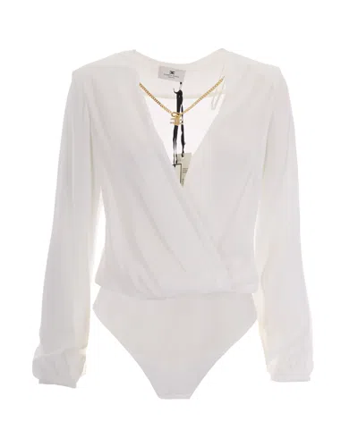 Elisabetta Franchi Long-sleeved V-neck Bodysuit With Structured Shoulders And Detachable Necklace In White