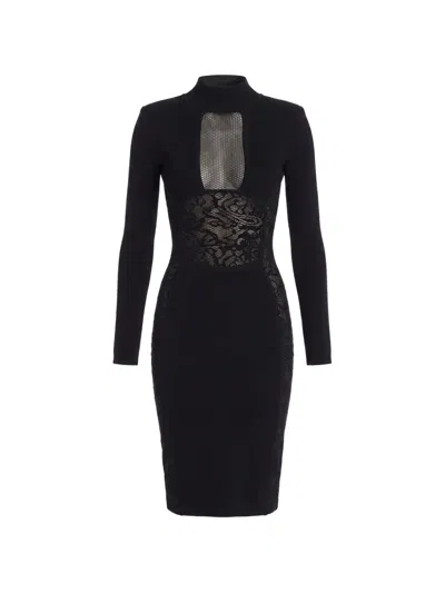 Elisabetta Franchi Knit Bodycon Dress Lace High Neck In Black