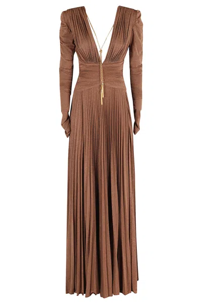 Elisabetta Franchi Fitted Midi Dress With Pleated Skirt In Brown