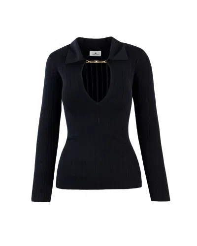 ELISABETTA FRANCHI BLACK RIBBED SWEATER WITH OPENWORK DETAILS