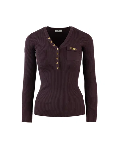 ELISABETTA FRANCHI BURGUNDY RIBBED SWEATER WITH POCKET