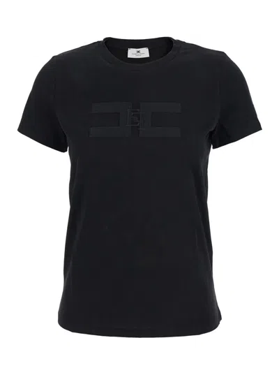 ELISABETTA FRANCHI BLACK T-SHIRT WITH EMBROIDERED LOGO ON THE FRONT IN COTTON WOMAN