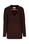 Elisabetta Franchi Knitwear Collared Design Long Sleeves Ribbed Texture V-neckline In Brown