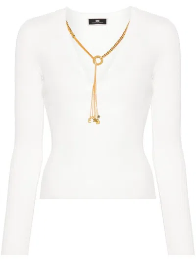 Elisabetta Franchi Detachable-necklace Ribbed Jumper In Bianco