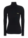Elisabetta Franchi Fitted Turtleneck Top With Ribbed Texture And Gold Accents In Black