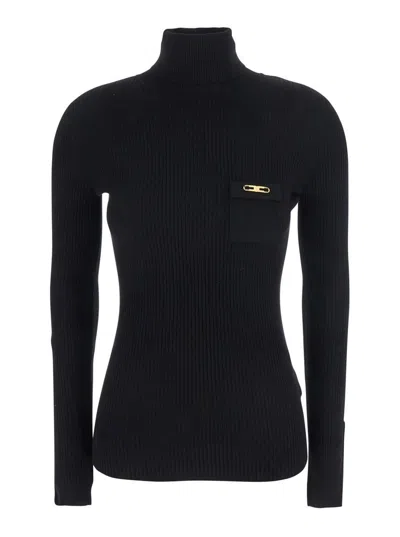 ELISABETTA FRANCHI BLACK TURTLE-NECK JUMPER WITH LOGO PLAQUE ON THE FRONT IN FABRIC WOMAN
