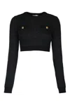 Elisabetta Franchi Textured Knit Cropped Sweater With Jewel-button Pockets In Black