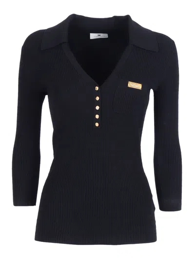 Elisabetta Franchi Textured Knit Polo Shirt With V-neck And Gold Accents In Black