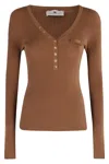 Elisabetta Franchi V-neck Tricot Sweater With Gold Accents And Pocket Detail In Brown