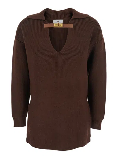ELISABETTA FRANCHI BROWN SWEATER WITH POLO SHIRT STYLE COLLAR AND BUCKLE DETAIL ON THE FRONT IN WOOL BLEND WOMAN