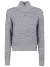 Elisabetta Franchi Cable Knit Tricot Sweater With Sequined Inserts And High Neck In Gray