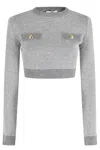 Elisabetta Franchi Cropped Grey Melange Sequin Sweater With Jewel Buttons In Gray