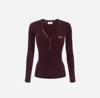 Elisabetta Franchi Fitted Ribbed Knit Top With Decorative Buttons And Gold Accent In Purple