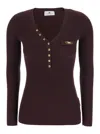 Elisabetta Franchi Burgundy Ribbed Sweater With Pocket In Brown