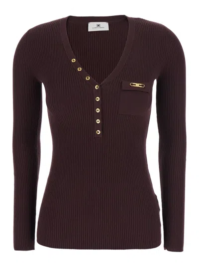 ELISABETTA FRANCHI BORDEAUX SWEATER WITH RIBBED DESIGN AND METALLIC LOGO ON FRONT IN FABRIC WOMAN