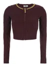 Elisabetta Franchi Cardigan In Maglia A Rombi Con Dettaglio Gioiello Bordeaux In Burgundy