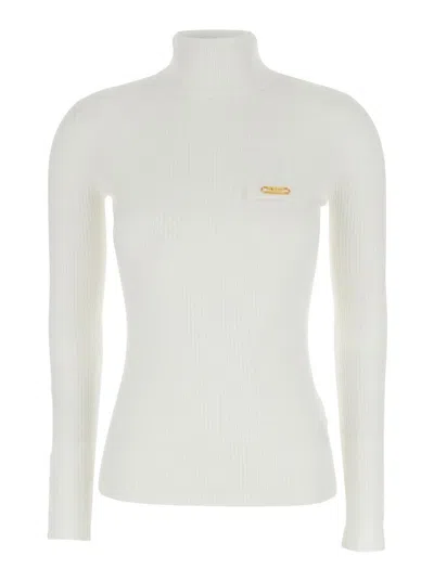ELISABETTA FRANCHI WHITE TURTLENECK SWEATER WITH LOGO PLAQUE ON THE FRONT IN SILK BLEND WOMAN