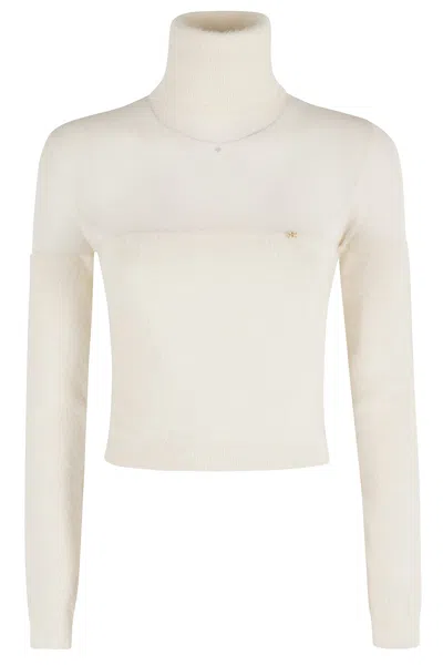 Elisabetta Franchi Cropped Tricot Sweater With High Neck And Textured Knit In Neutral