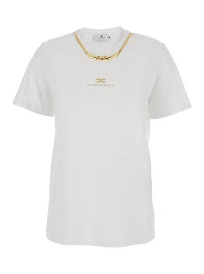 ELISABETTA FRANCHI WHITE T-SHIRT WITH METALLIC LOGO ON THE FRONT IN COTTON WOMAN