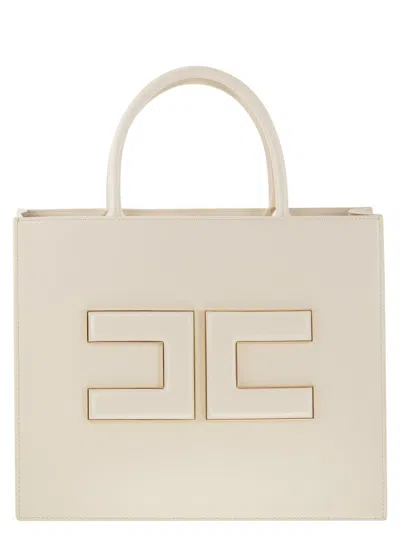 Elisabetta Franchi Medium Shopper With Logo Plaque In Burro