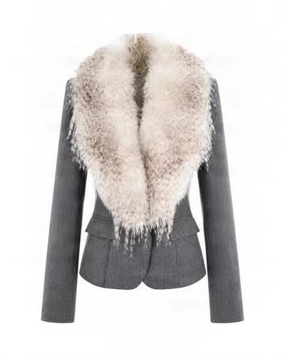 Elisabetta Franchi Melange Detachable Eco-fur Collar Wool Blazer In Gray