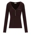 Elisabetta Franchi Fitted Ribbed Knit Top With Decorative Buttons And Gold Accent In Brown