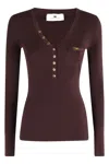 Elisabetta Franchi Merlot Tricot Sweater With Gold Accents And Ribbed Knit In Brown