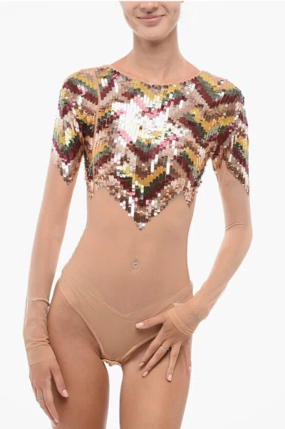 Elisabetta Franchi Mesh Bodysuit With Sequins In Multi