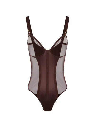 Elisabetta Franchi Metal Rings Straps Bodysuit In Brown