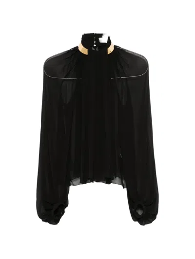 Elisabetta Franchi Metal-collar Pleated Sheer Blouse In Black