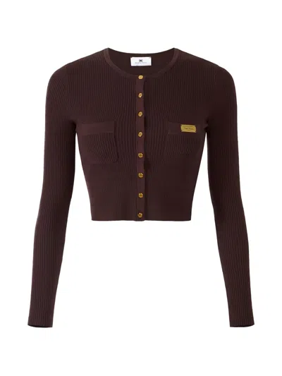 Elisabetta Franchi Micro-braided Buttoned Cardigan In Brown