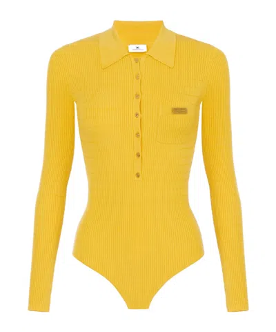 Elisabetta Franchi Micro-braided Knit Bodysuit In Yellow