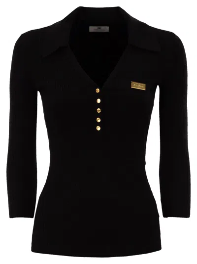 Elisabetta Franchi Micro Cable Knit Polo Shirt In Black