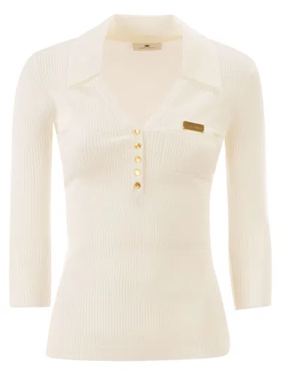 Elisabetta Franchi Micro-cable Knit Polo Shirt In Neutral