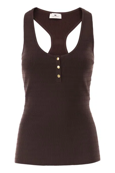 Elisabetta Franchi Ribbed Sleeveless Racerback Top Button Detail In Burgundy